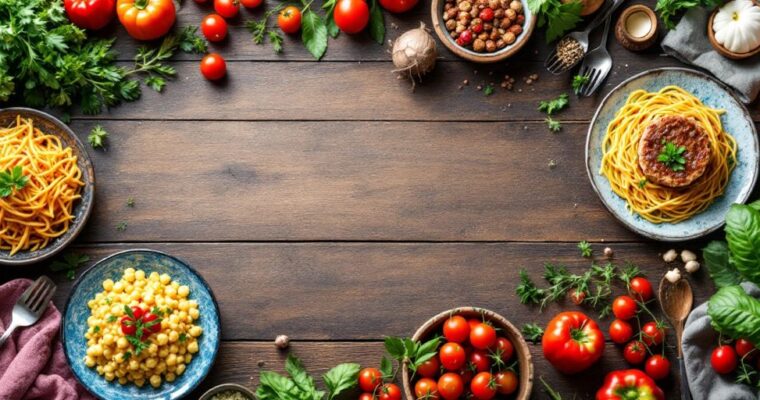 Flat lay of colorful dishes and fresh ingredients.